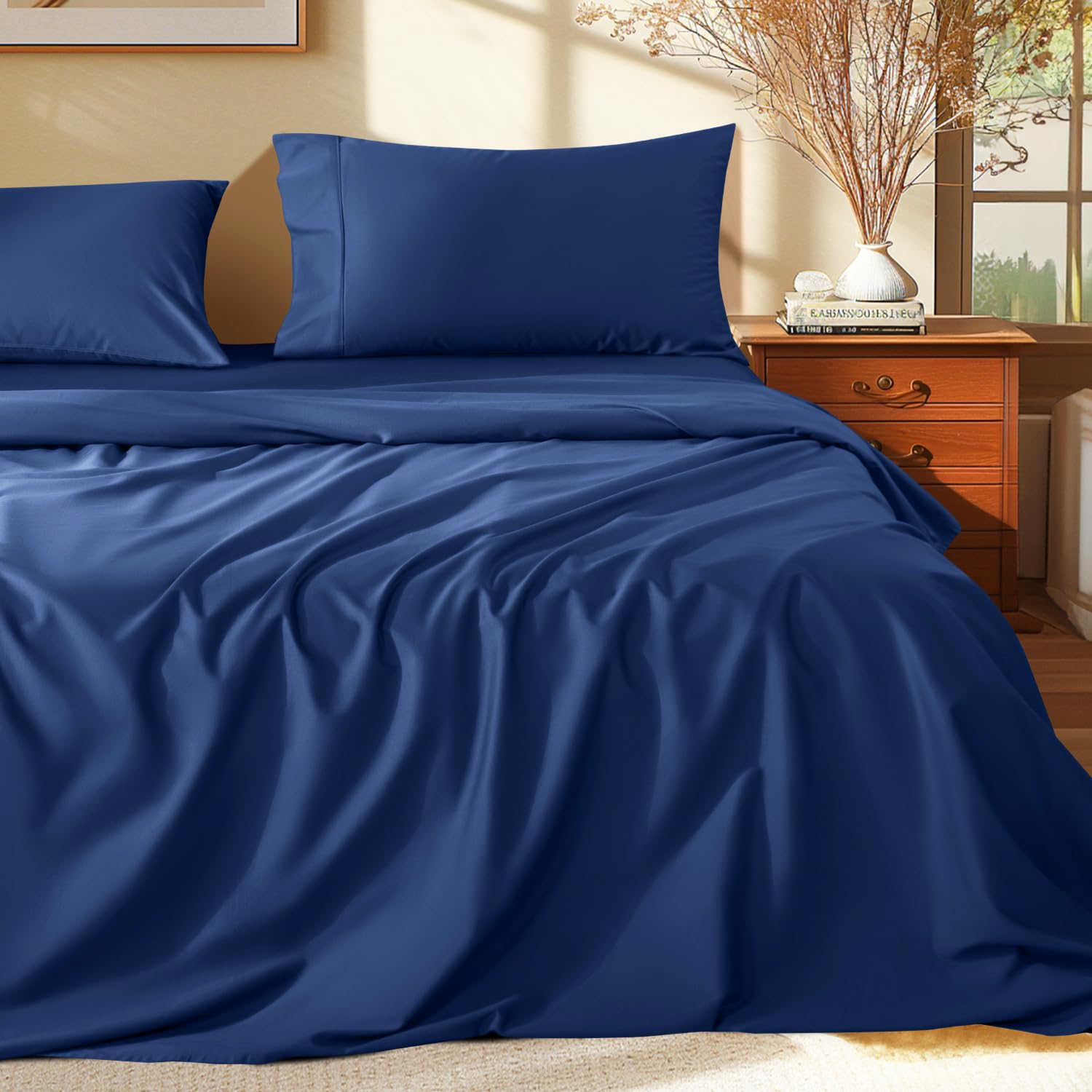 Shilucheng 100% Egyptian Cotton Queen Size Sheets Set - 1000 Thread Count,Luxury Cotton Bed Sheets,Breathable & Cooling Bedding And Pillow Cases, 16 Inch Deep Pocket - 4 Piece (Navy Blue, Queen)